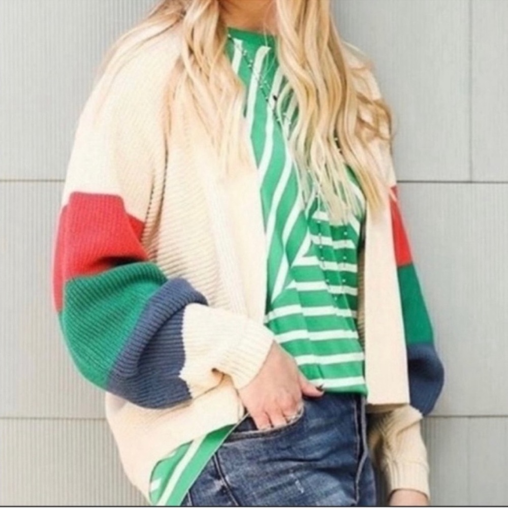 CAbi Trio Sophia colorful Striped Cardigan Sweater Sz S Dolman Sleeve Cream‎